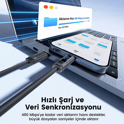 Toocki Tangxin 60W Dijital Ekranlı USB-C to USB-C Silikon Hızlı Şarj ve Data Kablosu 480 Mbps - TX113C2