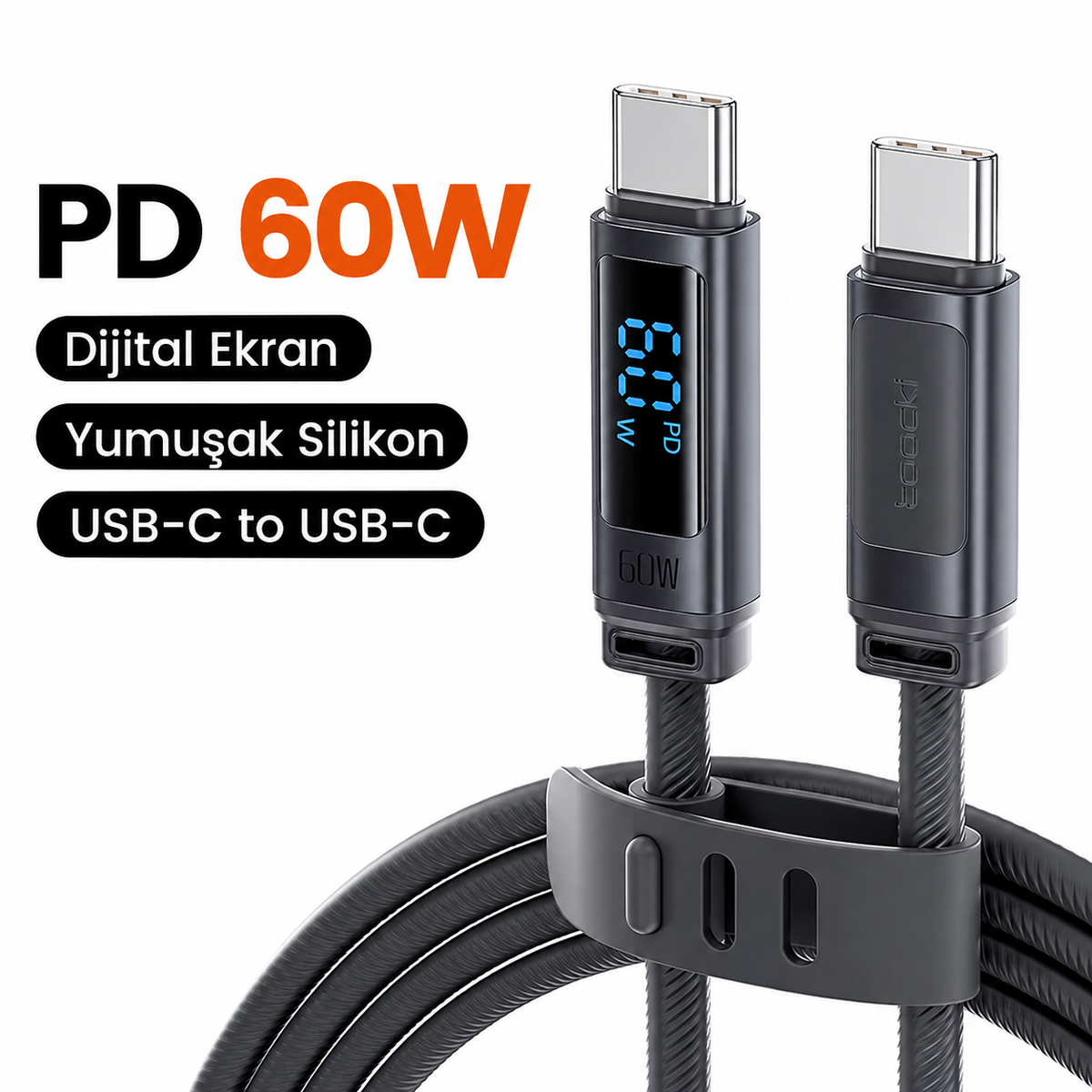 Toocki Tangxin 60W Dijital Ekranlı USB-C to USB-C Silikon Hızlı Şarj ve Data Kablosu 480 Mbps - TX113C2