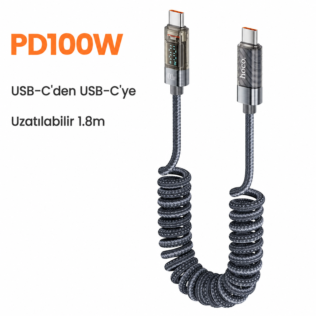Toocki TXC-60C2 100W PD 5A Dijital Watt Göstergeli Type-C to Type-C Yaylı Örgülü 480 Mbps Hızlı Şarj ve Veri Kablosu 1,8 Metre