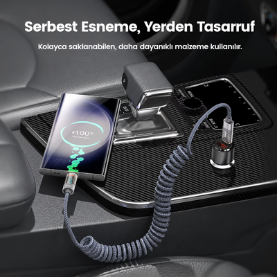 Toocki TXC-60C2 100W PD 5A Dijital Watt Göstergeli Type-C to Type-C Yaylı Örgülü 480 Mbps Hızlı Şarj ve Veri Kablosu 1,8 Metre