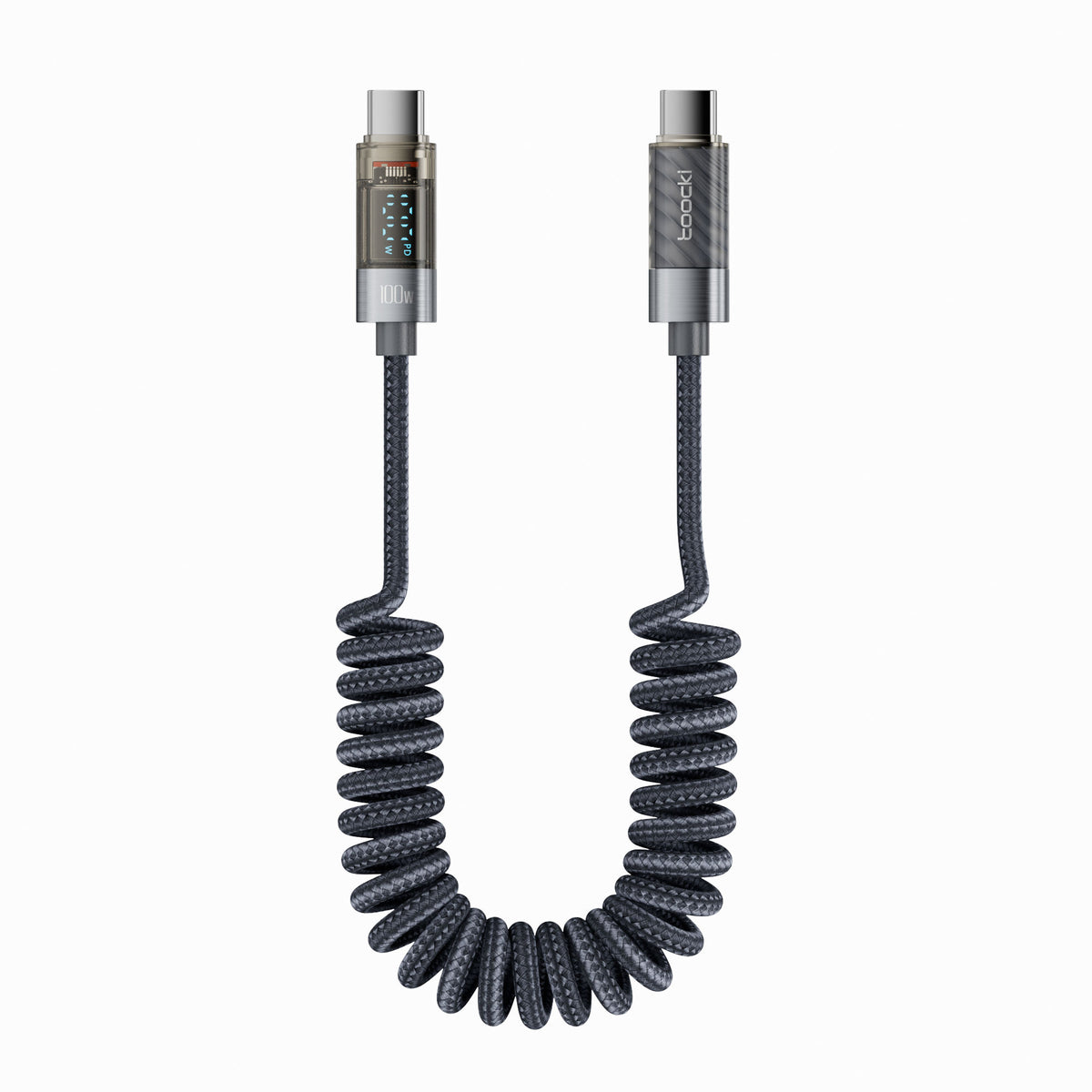 Toocki TXC-60C2 100W PD 5A Dijital Watt Göstergeli Type-C to Type-C Yaylı Örgülü 480 Mbps Hızlı Şarj ve Veri Kablosu 1,8 Metre