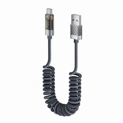 Toocki ZX01 66W 6A Dijital Watt Göstergeli USB-A to Type-C Yaylı Örgülü Hızlı Şarj ve 480 Mbps Veri Aktarım Kablosu 1,8 Metre