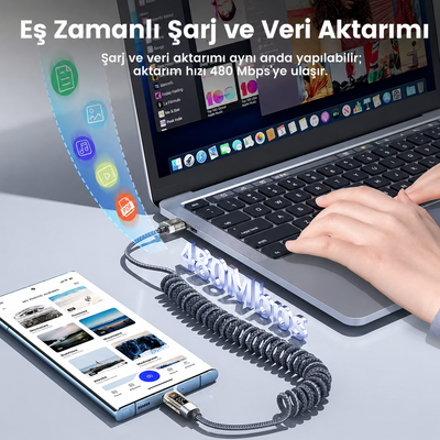 Toocki ZX01 66W 6A Dijital Watt Göstergeli USB-A to Type-C Yaylı Örgülü Hızlı Şarj ve 480 Mbps Veri Aktarım Kablosu 1,8 Metre