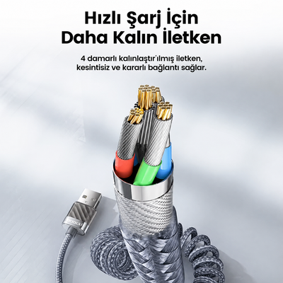Toocki ZX01 66W 6A Dijital Watt Göstergeli USB-A to Type-C Yaylı Örgülü Hızlı Şarj ve 480 Mbps Veri Aktarım Kablosu 1,8 Metre