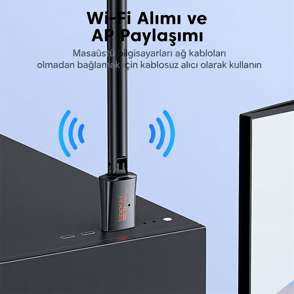Toocki 600Mbps Dual Band USB Wi-Fi Adaptörü – Wi-Fi 5, 2.4GHz + 5GHz, Harici Anten